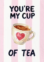 You're My Cup of Tea – Positano Pink art print: a painted teacup and saucer with a heart floating on the surface, on positano pink stripes with hand lettering.