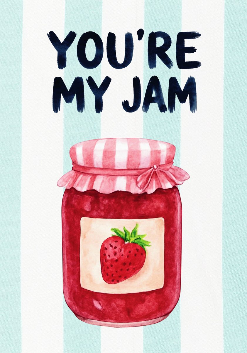 You're My Jam – Amalfi Aqua art print: a spoonful of ruby preserve dripping slightly, on amalfi aqua stripes with brushed lettering.