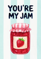 You're My Jam – Amalfi Aqua art print: a spoonful of ruby preserve dripping slightly, on amalfi aqua stripes with brushed lettering.