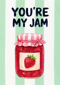 You're My Jam – Cabana Green art print: a glossy red spoonful of jam set on cabana green stripes, with loose script lettering.
