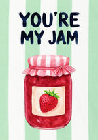 You're My Jam – Cabana Green art print: a glossy red spoonful of jam set on cabana green stripes, with loose script lettering.