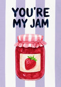 You're My Jam – Capri Violet art print: a painted spoon of bright red jam against capri violet stripes and hand-lettered words.