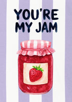 You're My Jam – Capri Violet art print: a painted spoon of bright red jam against capri violet stripes and hand-lettered words.
