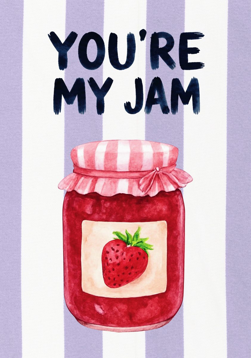 You're My Jam – Capri Violet art print: a painted spoon of bright red jam against capri violet stripes and hand-lettered words.