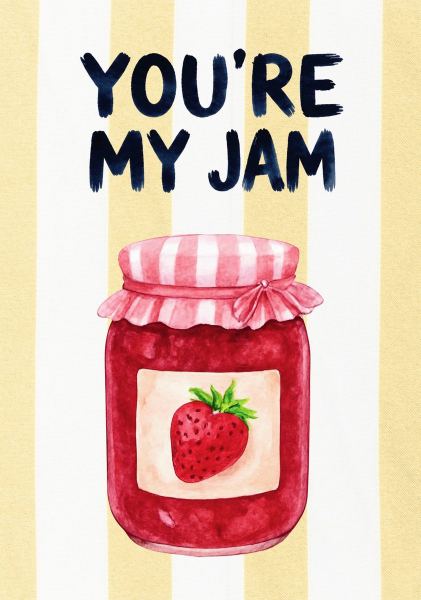You're My Jam – Limoncello art print: a loaded jam spoon in deep red over limoncello stripes, the pun hand-drawn above.