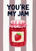 You're My Jam – Tuscan Taupe art print: a spoonful of jam in rich red on tuscan taupe stripes, finished with casual hand lettering.