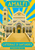 Cattedrale Di Sant'Andrea — Amalfi Coast art print: amalfi cathedral facade and staircase with striped arches and mosaic gable under a sunburst; cyan and yellow with cream stone