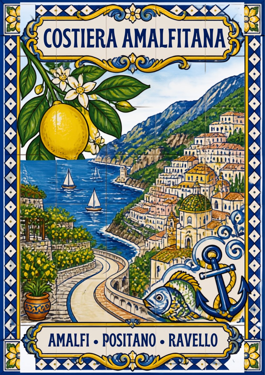 Ceramica Blu — Amalfi Coast art print: painted majolica tile panel of the coast road, sailing boats and hillside towns framed by lemons, a fish and an anchor; cobalt blue, yellow and white