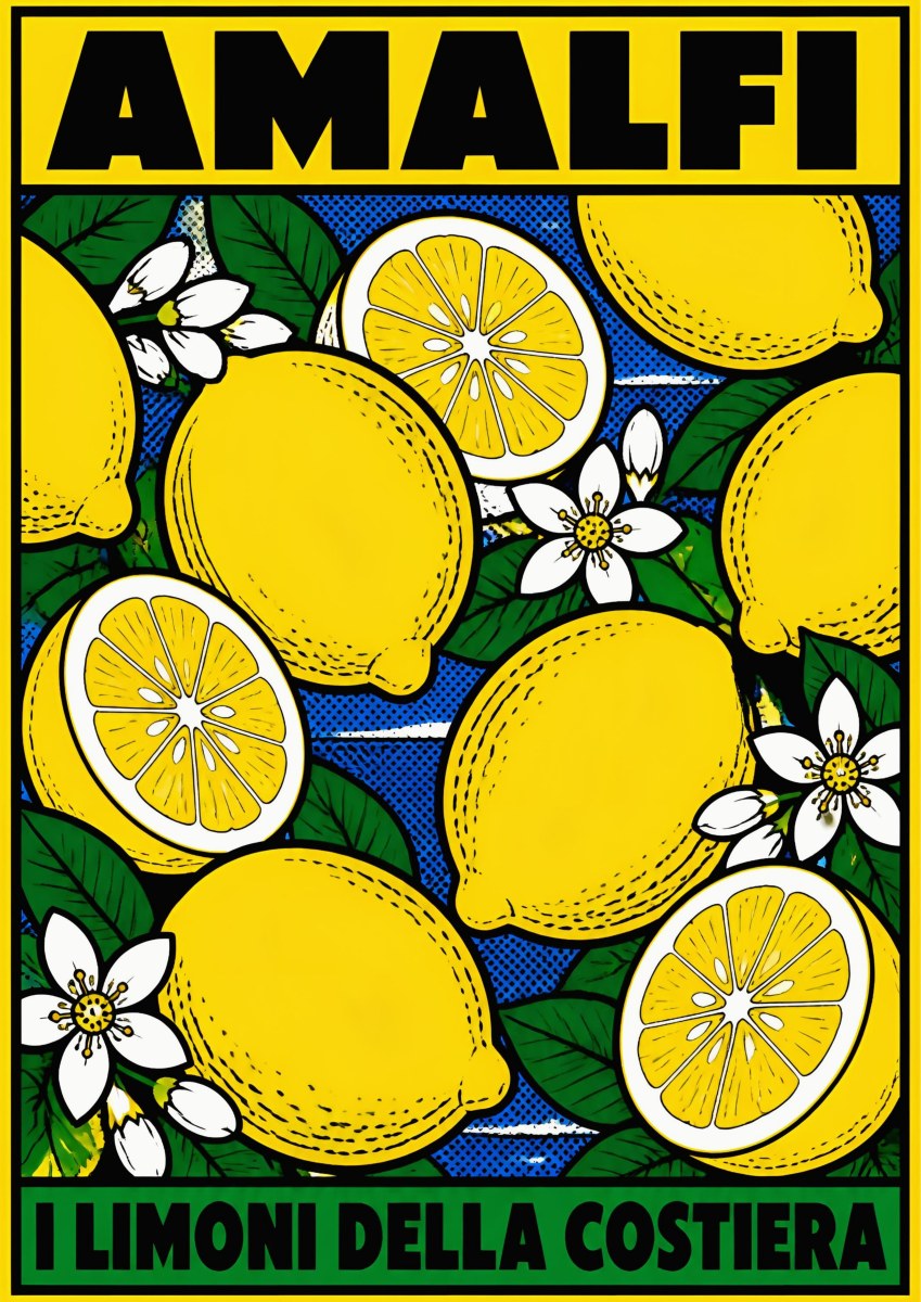 I Limoni Della Costiera — Amalfi Coast art print: pop-art close-up of whole and halved lemons with blossom on a blue halftone ground; yellow, green, black and white
