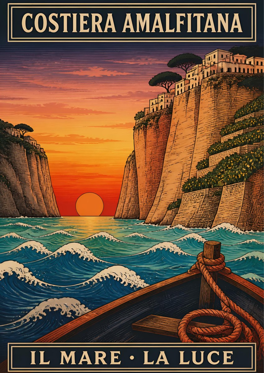 Il Mare La Luce — Amalfi Coast art print: woodblock-style sunset seen between sheer cliffs from the bow of a rope-tied boat; orange sky, ochre rock, stylised teal waves