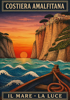 Il Mare La Luce — Amalfi Coast art print: woodblock-style sunset seen between sheer cliffs from the bow of a rope-tied boat; orange sky, ochre rock, stylised teal waves