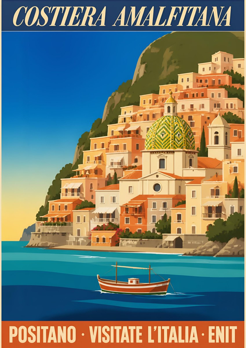Positano — Amalfi Coast art print: positano stacked up the cliff with its green majolica dome and a small fishing boat below; apricot buildings, blue sea, warm sunset sky