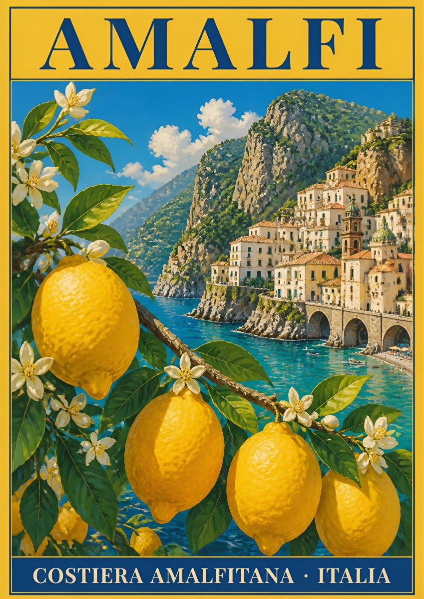 Terrazza Dei Limoni — Amalfi Coast art print: lemon branch in blossom framing the town of Amalfi and its turquoise bay; golden yellow border, deep blue sea, green cliffs