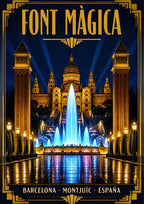 Font Màgica — Barcelona art print: the Magic Fountain lit blue at night before the floodlit Palau Nacional, Venetian towers, gold art deco frame