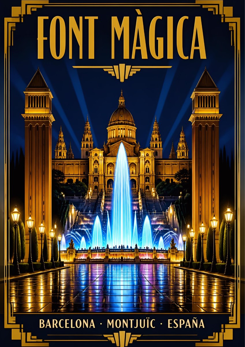 Font Màgica — Barcelona art print: the Magic Fountain lit blue at night before the floodlit Palau Nacional, Venetian towers, gold art deco frame