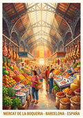 Mercat de la Boqueria — Barcelona art print: the iron-and-glass market hall in warm light, stalls of fruit, seafood and hanging hams, shoppers below