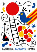 Ocell Blau — Barcelona art print: miró-style abstract on white - a blue bird, red disc, ladder, senyera stripes and primary shapes