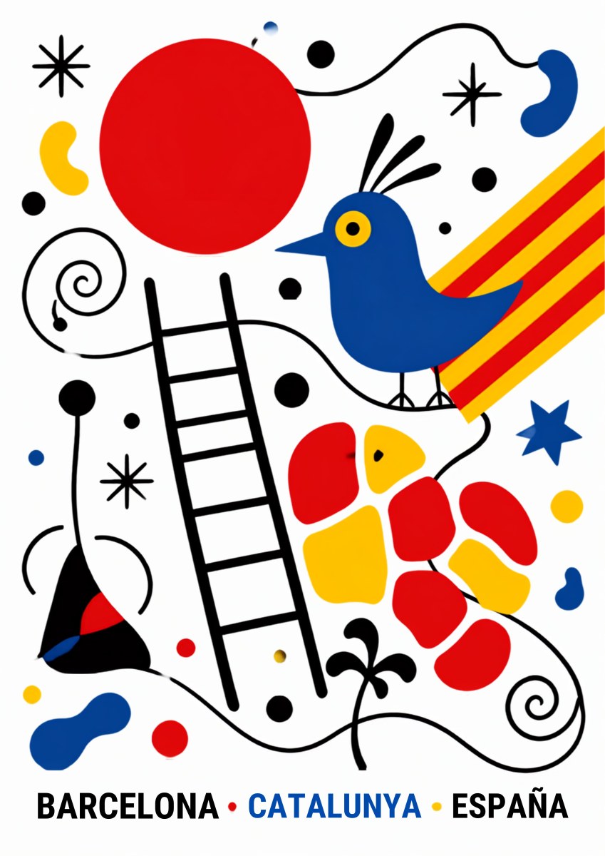 Ocell Blau — Barcelona art print: miró-style abstract on white - a blue bird, red disc, ladder, senyera stripes and primary shapes
