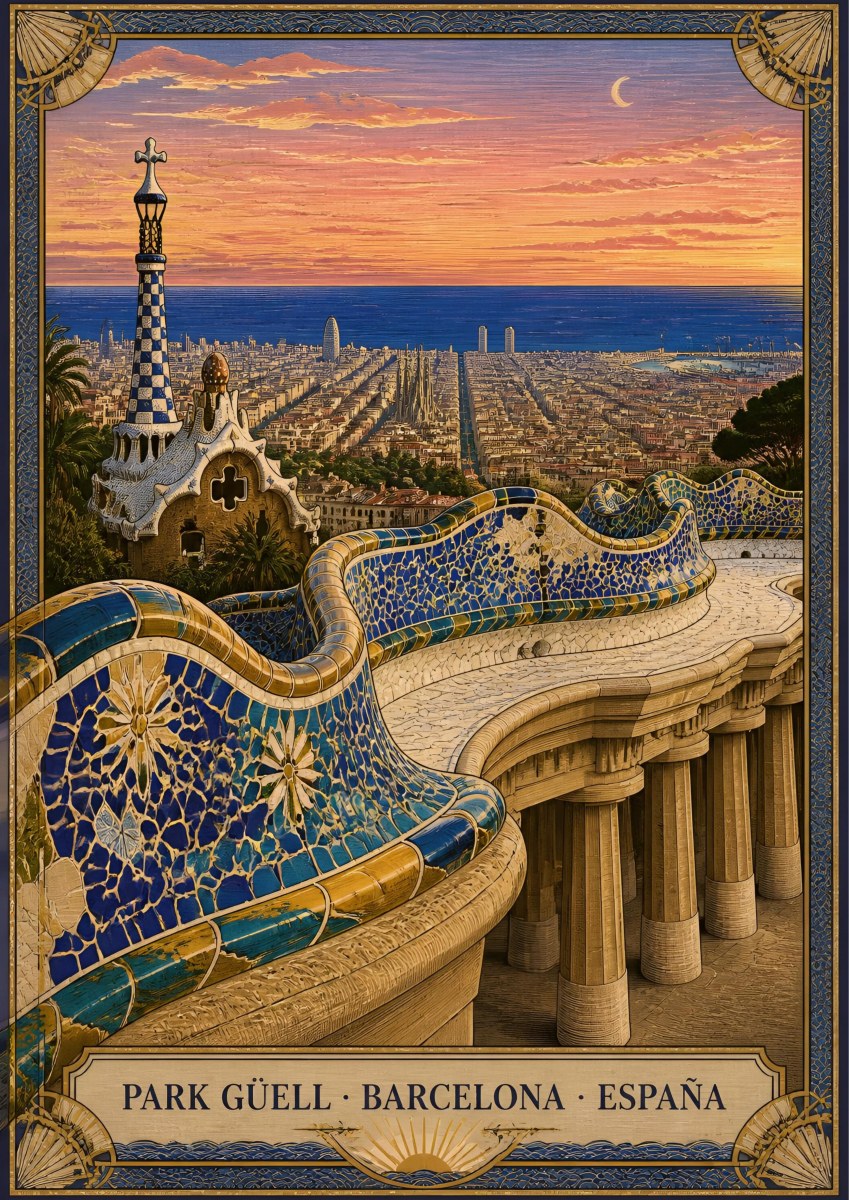 Park Güell — Barcelona art print: the serpentine mosaic bench of Park Güell above the city grid and sea at sunset, blue and gold trencadís