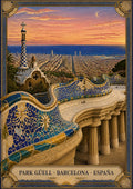 Park Güell — Barcelona art print: the serpentine mosaic bench of Park Güell above the city grid and sea at sunset, blue and gold trencadís