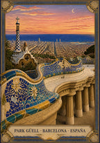 Park Güell — Barcelona art print: the serpentine mosaic bench of Park Güell above the city grid and sea at sunset, blue and gold trencadís