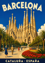 Sagrada Família — Barcelona art print: the Sagrada Família's honey-stone spires above a palm-lined avenue and red flowerbeds, deep blue sky