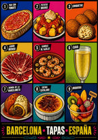 Tapas — Barcelona art print: nine numbered pop-art panels of tapas - pan con tomate, patatas bravas, croquetas, jamón, gambas, cava, crema catalana