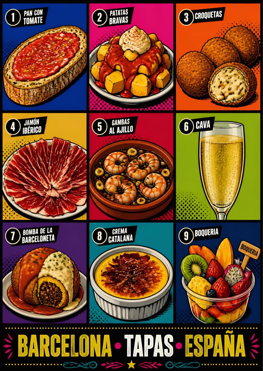 Tapas — Barcelona art print: nine numbered pop-art panels of tapas - pan con tomate, patatas bravas, croquetas, jamón, gambas, cava, crema catalana
