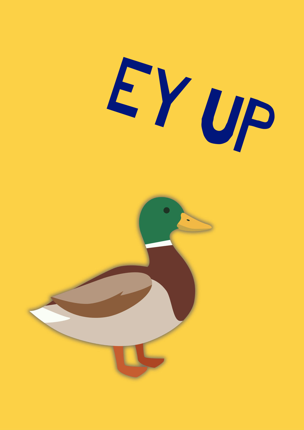 Ey Up Duck – Custard Gold art print: a mallard in flat side profile on a custard gold ground with EY UP hand-lettered above