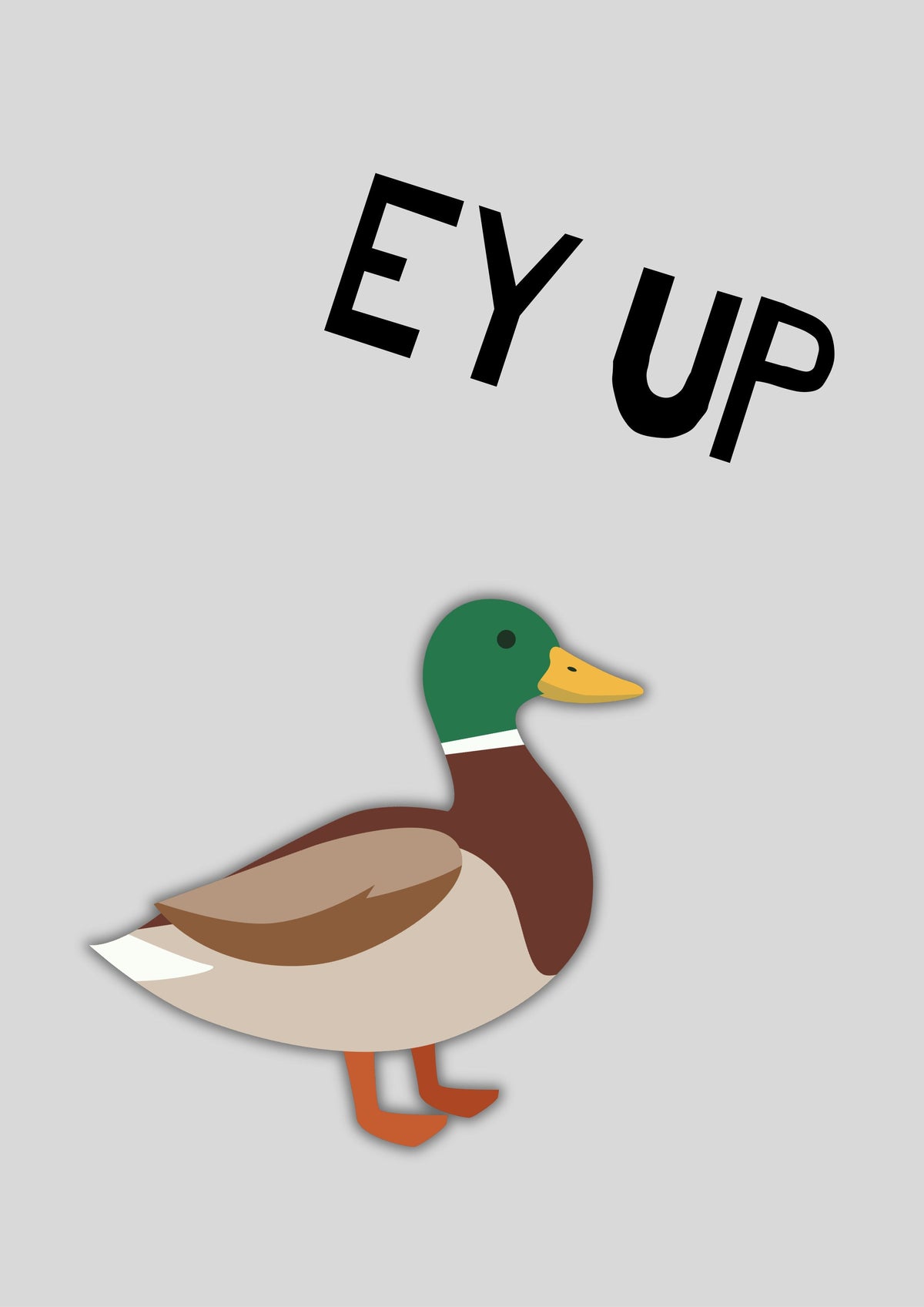 Ey Up Duck – Drizzle Grey art print: a mallard in flat side profile on a soft drizzle grey ground with EY UP hand-lettered above