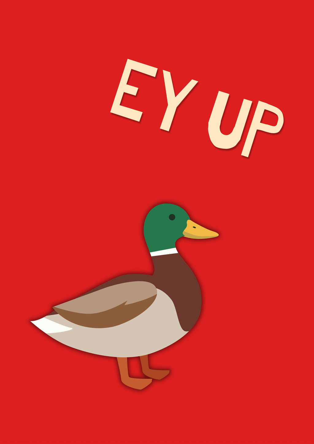 Ey Up Duck – Postbox Red art print: a mallard in flat side profile on a bold postbox red ground with EY UP hand-lettered above