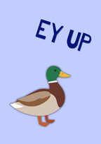 Ey Up Duck – Powder Blue art print: a mallard in flat side profile on a soft powder blue ground with EY UP hand-lettered above