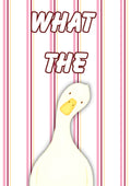 What The Duck – Rosewater Stripe art print: a wide-eyed white duck on fine pink pinstripes with WHAT THE in chunky outlined script