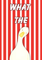 What The Duck – Seaside Stripe art print: a wide-eyed white duck on red and white vertical stripes with WHAT THE in chunky outlined script