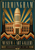 Chamberlain Square — Birmingham art print: art deco Museum and Art Gallery tower in cream, terracotta and gold on teal with sunburst rays and chevron border