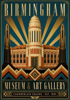 Chamberlain Square — Birmingham art print: art deco Museum and Art Gallery tower in cream, terracotta and gold on teal with sunburst rays and chevron border