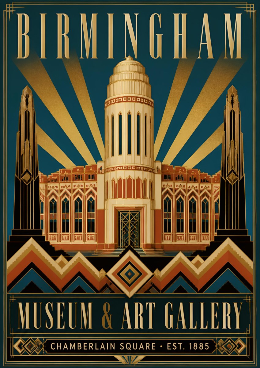 Chamberlain Square — Birmingham art print: art deco Museum and Art Gallery tower in cream, terracotta and gold on teal with sunburst rays and chevron border