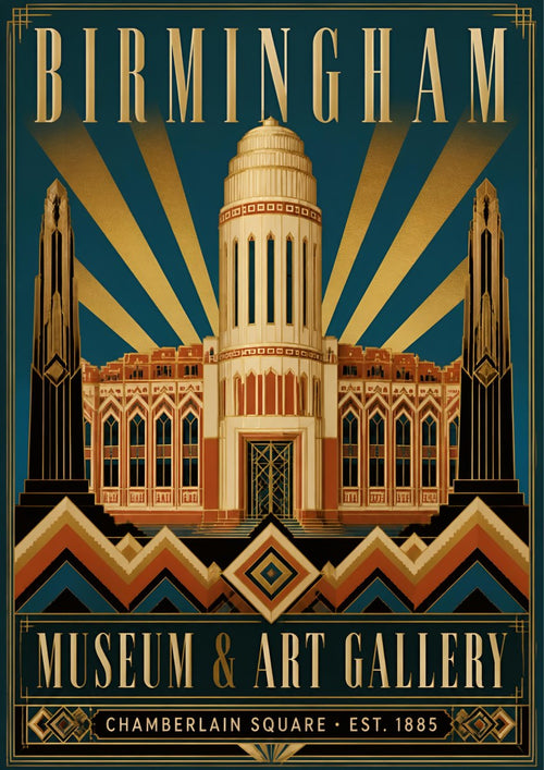 Chamberlain Square — Birmingham art print: art deco Museum and Art Gallery tower in cream, terracotta and gold on teal with sunburst rays and chevron border