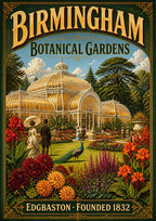 Edgbaston Glasshouse — Birmingham art print: victorian glasshouse at the Botanical Gardens with a peacock on the lawn, dahlias and cannas in red, orange and green