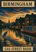 Gas Street Basin — Birmingham art print: moored narrowboats on the canal at sunset with a heron on the towpath, orange sky mirrored in blue water