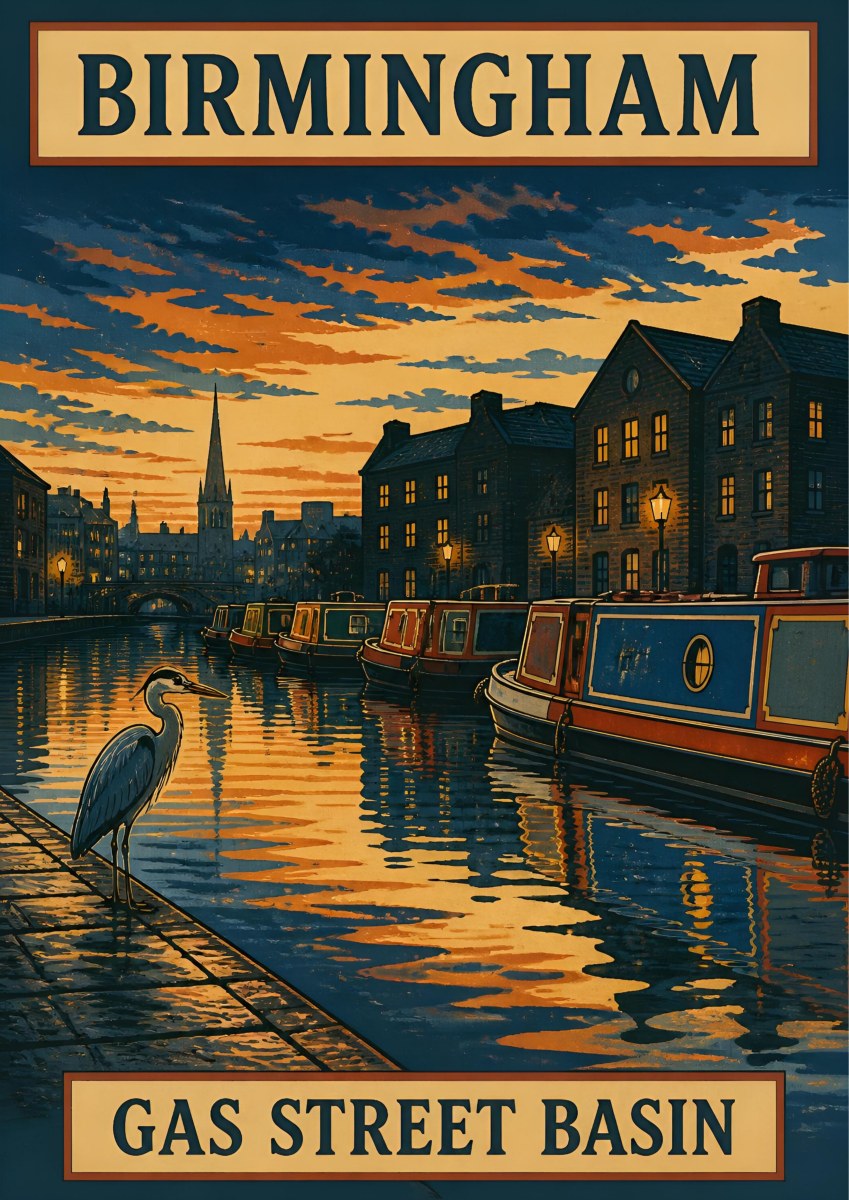 Gas Street Basin — Birmingham art print: moored narrowboats on the canal at sunset with a heron on the towpath, orange sky mirrored in blue water