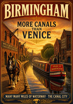 More Canals Than Venice — Birmingham art print: golden sunset over a canal wharf with a horse on the towpath towing a painted narrowboat past brick warehouses