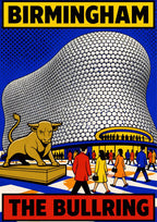 The Bullring — Birmingham art print: pop-art Selfridges disc facade in silver against cobalt blue with the golden bull statue and brightly dressed shoppers