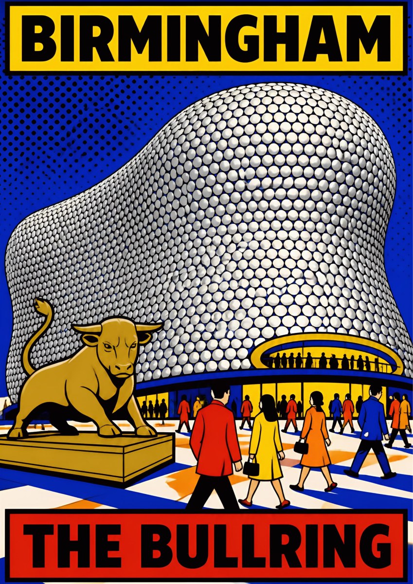 The Bullring — Birmingham art print: pop-art Selfridges disc facade in silver against cobalt blue with the golden bull statue and brightly dressed shoppers