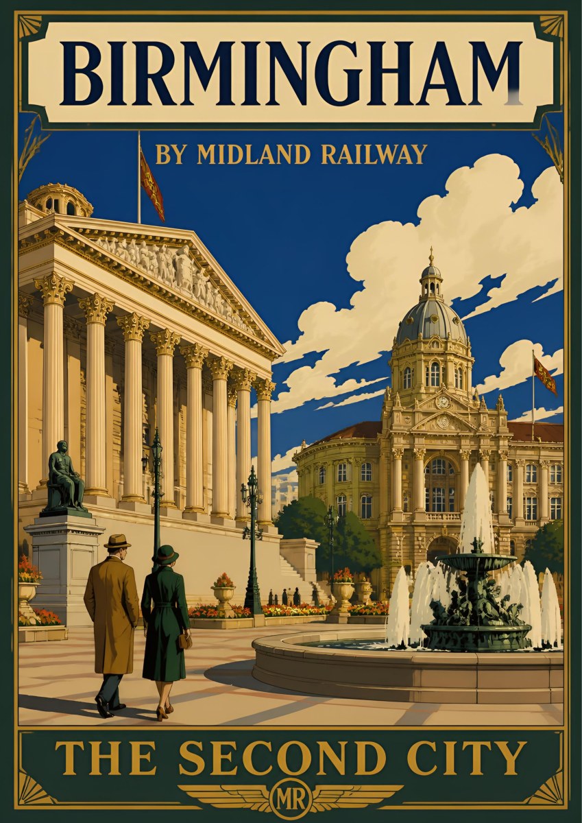 The Second City — Birmingham art print: chamberlain Square with the classical Town Hall, domed Council House and fountain under a deep blue sky, Midland Railway lettering