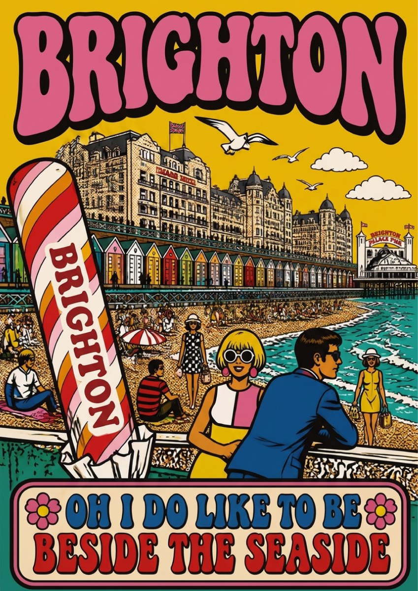 Beside The Seaside — Brighton art print: sixties pop-art seafront in mustard yellow and pink with a giant striped ice cream, mods, beach huts and the pier