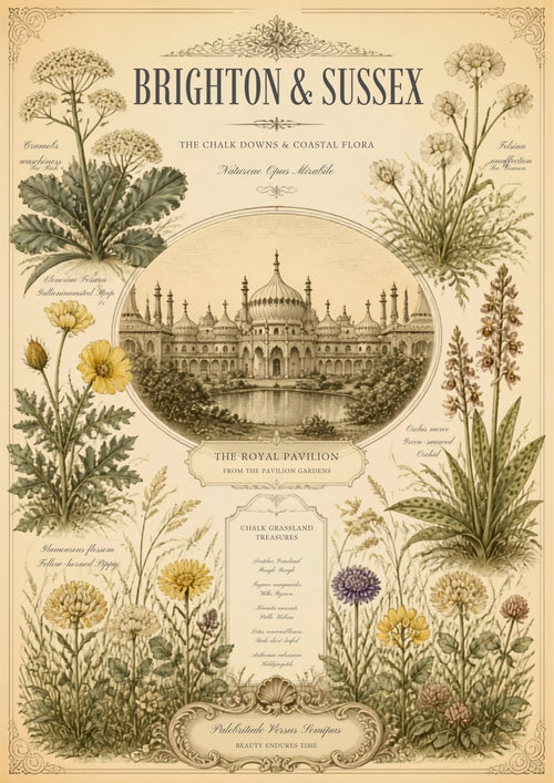 Chalk Grassland Treasures — Brighton art print: antique botanical plate in cream and sage listing chalk downland flowers around an oval engraving of the Royal Pavilion