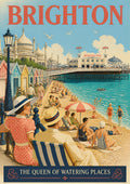 Queen Of Watering Places — Brighton art print: 1930s seafront scene with beach huts, sunbathers and the pier, Royal Pavilion domes behind, in coral, cream and turquoise