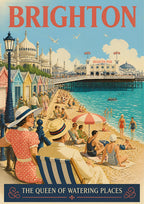 Queen Of Watering Places — Brighton art print: 1930s seafront scene with beach huts, sunbathers and the pier, Royal Pavilion domes behind, in coral, cream and turquoise