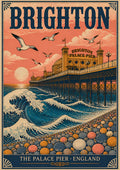 The Great Wave — Brighton art print: woodblock-style Palace Pier at sunset with a Hokusai-style breaking wave, gulls and pebbles in coral pink and deep blue